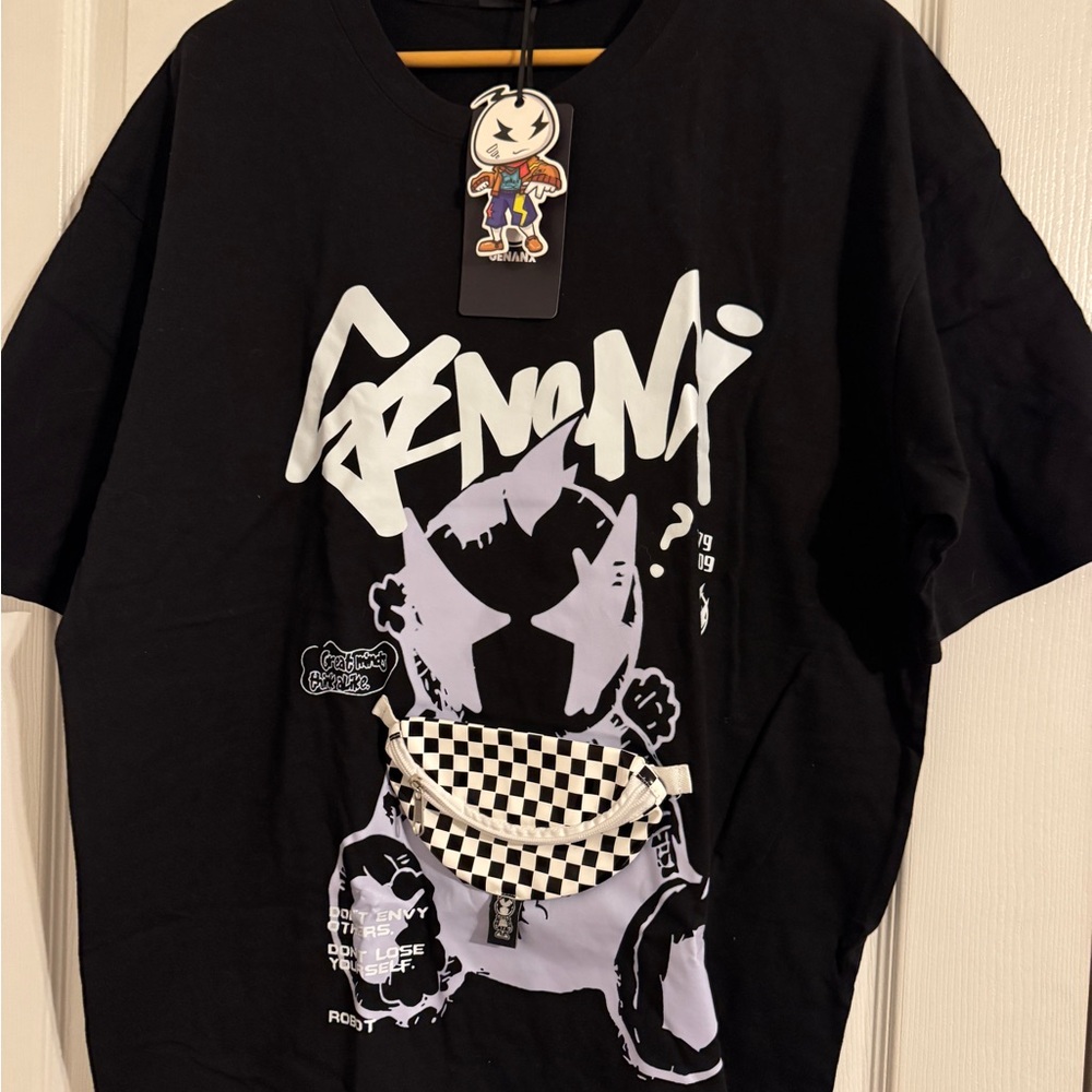 Black Graphic Tee with Checkered Pouch